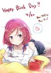  alternate_costume alternate_hairstyle artist_name bare_shoulders blouse blush book casual chiigo collarbone dated gym_shorts hair_ornament hair_tie hairpin happy_birthday heart love_live! love_live!_school_idol_project low_twintails lying nail_polish nishikino_maki off_shoulder on_bed on_stomach open_book pillow_support purple_eyes red_hair short_hair shorts simple_background smile solo speech_bubble spoken_heart translated twintails white_background white_blouse 