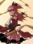  bow detached_sleeves long_hair magical_girl mahou_shoujo_madoka_magica mary_cagle polearm ponytail red_eyes red_hair sakura_kyouko skirt solo spear thighhighs weapon zettai_ryouiki 