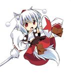  animal_ears blush chibi detached_sleeves hat inubashiri_momiji lowres midriff open_mouth red_eyes seminoyu shield short_hair silver_hair skirt solo sword tail tokin_hat touhou weapon wolf_ears wolf_tail 