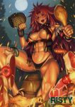  1girl abs blush breasts carrot earrings fire food jewelry large_breasts long_hair meat moon muscle mushroom night official_art open_mouth panties purple_eyes queen&#039;s_blade red_hair risty sitting smile solo tattoo very_long_hair 