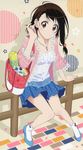  absurdres bag blush brown_eyes brown_hair casual flower hair_flower hair_ornament handbag highres jewelry long_legs looking_at_viewer necklace nisekoi official_art onodera_kosaki scan short_hair sitting skirt smile solo sugiyama_nobuhiro 