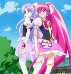  aino_megumi boots cloud cure_fortune cure_lovely duo happiness_charge_precure! happinesscharge_precure! hikawa_iona pink_eyes pink_hair ponytail precure purple_eyes purple_hair screencap shrine sky thigh_boots thighhighs tree violet_eyes 