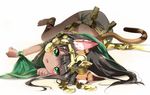  animal_ears barefoot bastet_(p&amp;d) black_hair blush cat_ears cat_tail dark_skin emia_(castilla) fang green_eyes long_hair looking_at_viewer lying open_mouth puzzle_&amp;_dragons solo tail 