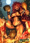  1girl abs absurdres blush breasts carrot earrings eiwa fire food highres jewelry large_breasts long_hair meat moon muscle mushroom night official_art open_mouth panties purple_eyes queen&#039;s_blade queen's_blade red_hair risty sitting smile solo tattoo underwear very_long_hair 