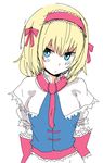  alice_margatroid arms_behind_back blonde_hair blue_eyes hairband looking_at_viewer shiroshi_(denpa_eshidan) short_hair simple_background solo touhou white_background 