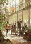  3boys beard black_hair black_pants cello chair facial_hair glass glasses grey_hair hjl indoors instrument jar lampion lantern leaf long_hair multiple_boys music original pants placard plant playing_instrument pot potted_plant sign sitting spread_legs standing sunlight violin window 