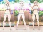  3girls absurdres ahoge bikini blonde_hair blue_eyes breasts brown_hair cleavage demon fan fino_bloodstone gold_eyes green_eyes hair_ribbon hairband hands_on_hips highres human large_breasts long_hair lowleg lowleg_bikini multiple_girls nova_luminous ribbon sandals screencap seara_august stitched swimsuit white_bikini white_hair white_swimsuit yellow_eyes yuusha_ni_narenakatta_ore_wa_shibushibu_shuushoku_wo_ketsui_shimashita. 