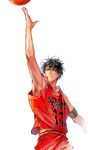  arm_up armband basketball basketball_uniform black_eyes black_hair clothes_writing eyelashes funpjinju groin looking_up male_focus rukawa_kaede shirt_lift signature slam_dunk solo sportswear sweat toned toned_male white_background 