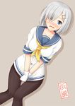  blue_eyes breasts embarrassed gloves grey_hair hair_over_one_eye hamakaze_(kantai_collection) highres kantai_collection large_breasts no_pants open_mouth pantyhose sano_souichi shirt short_hair short_sleeves solo white_gloves white_shirt 
