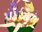 :&lt; animal_ears bathing blonde_hair breasts bunny_ears censored convenient_censoring food fox_ears fox_tail in_bowl in_container in_food ishimu kitsune_udon large_breasts long_hair multiple_girls nude oversized_object pun purple_hair red_eyes reisen_udongein_inaba smile steam steam_censor tail touhou udon yakumo_ran 