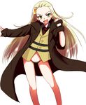  bad_id bad_pixiv_id black_panties blonde_hair blush clenched_hand contrapposto fingerless_gloves forehead genderswap genderswap_(mtf) gloves green_eyes hair_ornament hairclip kunugi_akira long_coat lowleg lowleg_panties metal_gear_(series) metal_gear_solid no_pants panties pussy_peek revolver_ocelot standing string_panties sweet_snake trench_coat underwear 