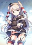  aircraft airplane amatsukaze_(kantai_collection) bad_id bad_pixiv_id black_panties blush brown_eyes choker dress garter_straps h2so4 kantai_collection long_hair looking_at_viewer panties red_legwear sailor_dress short_dress side-tie_panties silver_hair solo thighhighs two_side_up underwear 