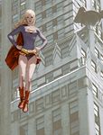  1girl alien blonde_hair boots building cape city dc_comics flying hand_on_hip kara_zor-el kryptonian leotard red_cape red_shoes red_skirt s_shield solo supergirl superman_(series) 