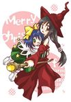  black_eyes black_hair blue_hair bow eiko_carol final_fantasy final_fantasy_ix garnet_til_alexandros_xvii green_eyes hair_ribbon hat hug long_hair low-tied_long_hair merry_christmas multiple_girls ribbon yellow_bow 