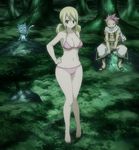  barefoot bikini blonde_hair blush breasts brown_eyes cleavage fairy_tail feet full_body hand_on_hip happy_(fairy_tail) highres large_breasts looking_at_viewer lucy_heartfilia natsu_dragneel screencap stitched swimsuit twintails wide_hips 