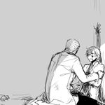  against_wall bad_id bad_pixiv_id blood character_request glasses grey_background greyscale hongcha_(roels) kneeling labcoat light_smile long_sleeves male_focus monochrome multiple_boys parted_lips scp_foundation simple_background sitting sunlight 