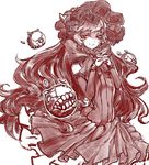  bow frills gothic_lolita headdress horns isolated_island_oni kantai_collection kumauwo lolita_fashion long_hair monochrome red_eyes shaded_face shinkaisei-kan smile wavy_hair 