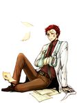  arm_support bad_id bad_pixiv_id bandages belt black_neckwear brown_footwear brown_pants bruise burnt cast character_request gloves hongcha_(roels) injury labcoat male_focus necktie pants paper red_hair scp_foundation shoes sitting sling solo white_background white_gloves 