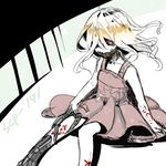 arm_support bad_id bad_pixiv_id bare_shoulders blonde_hair character_name collarbone cyborg dress hair_over_one_eye hongcha_(roels) long_hair looking_at_viewer red_dress red_eyes scp-191 scp_foundation shirt sitting solo sundress white_shirt 