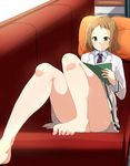  alp barefoot blazer book brown_hair couch feet green_eyes jacket kira_tsubasa legs love_live! love_live!_school_idol_project lying necktie on_back pillow reading school_uniform short_hair skirt smile solo toes utx_school_uniform 