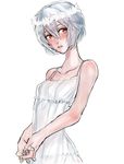  ayanami_rei bad_id bad_pixiv_id blue_hair blush collarbone crossed_fingers dress flower flower_wreath glance highres neon_genesis_evangelion red_eyes short_hair solo sundress 