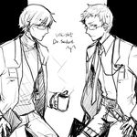  bad_id bad_pixiv_id character_request cup emoticon glasses greyscale hongcha_(roels) labcoat male_focus monochrome mug multiple_boys necktie scp_foundation sketch smile 