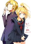  1girl artist_name ayase_eli black_serafuku blonde_hair blue_eyes blush buttons chiigo collaboration dual_persona gakuran genderswap genderswap_(ftm) hakusen_(white_line) hand_in_pocket hand_to_head hands_clasped high_collar long_hair long_sleeves looking_at_viewer love_live! love_live!_school_idol_project own_hands_together ponytail red_ribbon ribbon school_uniform scrunchie serafuku short_hair simple_background skirt smile standing twitter_username v_arms white_background white_scrunchie 