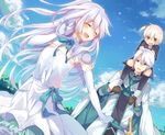  2boys black_legwear blonde_hair blush bow bridal_gauntlets brother_and_sister cape carrying closed_eyes cloud day dress gloves hacylon lavender_hair long_hair md5_mismatch mishima_kurone multiple_boys original otoko_no_ko red_eyes selica_crimson shirokami_project short_hair shoulder_carry siblings side_ponytail sky smile tears tierra_azur tree very_long_hair white_hair yellow_eyes 