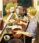  :t bad_id bad_pixiv_id black_hair blonde_hair chicken_(food) cigarette cup denim eating food frying_pan green_hair jeans kitchen ladle male_focus monkey_d_luffy mouth_hold multiple_boys necktie one_piece open_mouth pants plate pot puniatta roronoa_zoro salad sanji sink sleeves_rolled_up stove teeth towel 