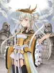  adapted_costume bad_id bad_pixiv_id cloud frills guan_hat hat highres jchoy mian_guan qin_shi_huang_(sengoku_collection) red_eyes sengoku_collection sky statue white_hair 