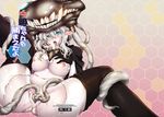  black_legwear blue_eyes blush bodysuit breasts cover glowing glowing_eyes hat heart kantai_collection large_breasts long_hair nipples open_mouth ouma_tokiichi pale_skin shinkaisei-kan silver_hair solo spoken_heart spread_legs tentacles thighhighs tongue tongue_out torn_bodysuit torn_clothes wo-class_aircraft_carrier 