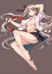  barefoot blue_panties breasts brown_hair feet full_body huazang long_hair looking_at_viewer navel necktie necktie_removed nipples no_bra open_clothes open_shirt original panties red_eyes red_neckwear ribbon shirt simple_background small_breasts solo striped striped_panties toes twintails underwear 