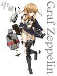  aircraft airplane bangs blonde_hair blunt_bangs garter_straps graf_zeppelin_(aircraft_carrier) hat highres kantai_collection long_sleeves looking_at_viewer md5_mismatch original purple_eyes rabochicken solo thighhighs torn_clothes torn_legwear 