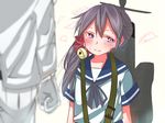  1girl admiral_(kantai_collection) akebono_(kantai_collection) bell blurry blush crying crying_with_eyes_open eseru flower gloves hair_bell hair_flower hair_ornament jingle_bell kantai_collection long_hair looking_to_the_side purple_eyes purple_hair school_uniform serafuku side_ponytail tears 