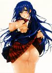  :o absurdres ass bad_anatomy badge blue_hair blush bow bowtie braid breast_hold breasts breasts_outside buttons comic_x-eros full-face_blush highres huge_breasts katsurai_yoshiaki long_hair looking_at_viewer nipples open_mouth scan school_uniform shiny shiny_skin simple_background skirt skirt_lift solo striped striped_skirt twisted_torso white_background 