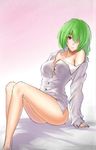  absurdres bare_shoulders bottomless breasts button_gap cleavage collarbone dress_shirt green_hair hair_over_one_eye highres kazami_yuuka koissa large_breasts long_legs looking_at_viewer naked_shirt off_shoulder red_eyes shirt sitting solo touhou 