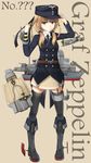  adjusting_clothes adjusting_hat aircraft airplane bangs black_legwear blonde_hair blunt_bangs graf_zeppelin_(aircraft_carrier) hat kantai_collection long_sleeves looking_at_viewer original pleated_skirt purple_eyes rabochicken skirt solo thighhighs twintails zettai_ryouiki 