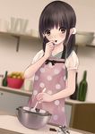  apron bad_id bad_pixiv_id bangs black_eyes black_hair chikuwa_(odennabe) chocolate chocolate_bar cooking dutch_angle indoors ladle long_hair looking_at_viewer mixing_bowl original polka_dot solo spatula standing tasting twintails wrapper 