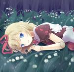  blonde_hair blue_eyes bow doll_joints dress flower hair_ribbon lily_of_the_valley looking_at_viewer lying medicine_melancholy mito_tsubaki on_stomach parted_lips puffy_short_sleeves puffy_sleeves ribbon short_hair short_sleeves solo touhou 
