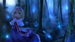  alice_margatroid blonde_hair blue_eyes capelet dress fireflies forest forest_of_magic frown furomaaju_(fromage) glowing hairband hands_clasped highres interlocked_fingers lolita_hairband looking_away md5_mismatch mushroom nature night outdoors own_hands_together ribbon sash short_hair solo touhou 