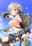  black_legwear blue_eyes blush breasts gloves hair_ornament hair_over_one_eye hairclip hamakaze_(kantai_collection) highres kantai_collection large_breasts mecha_musume nipples outdoors pantyhose sawada_yuusuke school_uniform serafuku short_hair short_sleeves silver_hair skirt solo tears torn_clothes torn_legwear white_gloves 