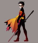  1boy back batman_(series) black_hair cape dc_comics domino_mask male male_focus mask pole red_robin robin_(dc) silverly solo staff standing tim_drake weapon 