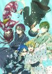  5boys ;d air_bubble animal annoyed barefoot black_hair blonde_hair blue_hair brown_hair bubble closed_eyes covering_mouth diving expressionless fish free! glasses happy hazuki_nagisa japanese_clothes kimono long_hair matsuoka_gou matsuoka_rin multiple_boys nanase_haruka_(free!) one_eye_closed open_mouth ponytail purple_hair ryuugazaki_rei sandals sash short_hair single_sandal sleeping smile spiked_hair submerged tachibana_makoto temk underwater water 