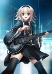  bad_id bad_pixiv_id bangs black_legwear electric_guitar esp_guitars eyebrows_visible_through_hair guitar hairband highres hisui_hitomi instrument legs_apart long_sleeves looking_at_viewer open_mouth original purple_eyes short_hair solo thighhighs white_hair wide_sleeves 