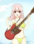  bikini blue_gk breasts electric_guitar guitar headphones highres instrument large_breasts long_hair looking_at_viewer navel nitroplus open_mouth pink_hair plectrum red_eyes smile solo super_sonico swimsuit yellow_bikini 