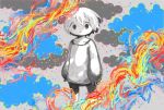 1boy 666haorare666 abstract androgynous cloud collarbone colorful commentary cropped_legs expressionless eyebrows_visible_through_hair grey_shirt hair_between_eyes long_sleeves looking_at_viewer no_nose original puffy_long_sleeves puffy_sleeves shirt short_hair solo standing white_hair 