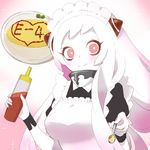  airfield_hime apron feeding food horns kantai_collection long_hair looking_at_viewer maid maid_apron maid_headdress mushi_gyouza omurice pale_skin pov_feeding red_eyes shinkaisei-kan smile solo spoon squeeze_bottle white_hair 