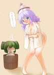  :&lt; aqua_eyes arinu ass barefoot blush breast_envy breasts bucket cleavage collarbone cosplay crossed_arms flat_chest green_hair hair_bobbles hair_ornament hat in_bucket in_container japanese_clothes kimono kisume kisume_(cosplay) large_breasts merlin_prismriver multiple_girls nude purple_hair shaded_face touhou translated twintails undersized_clothes wavy_mouth wooden_bucket yukata 