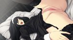  1girl bed black_eyes black_hair blush caucasus_nanatsuki_no_nie dress dress_lift female game_cg garter_belt garters innocent_grey lingerie long_hair maid maid_headdress minakami_narumi open_mouth pussy solo spread_legs sugina_miki thighhighs uncensored underwear wince 