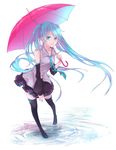  absurdres aqua_eyes aqua_hair boots detached_sleeves dlei full_body hatsune_miku highres long_hair necktie skirt smile solo thigh_boots thighhighs twintails umbrella very_long_hair vocaloid white_background 